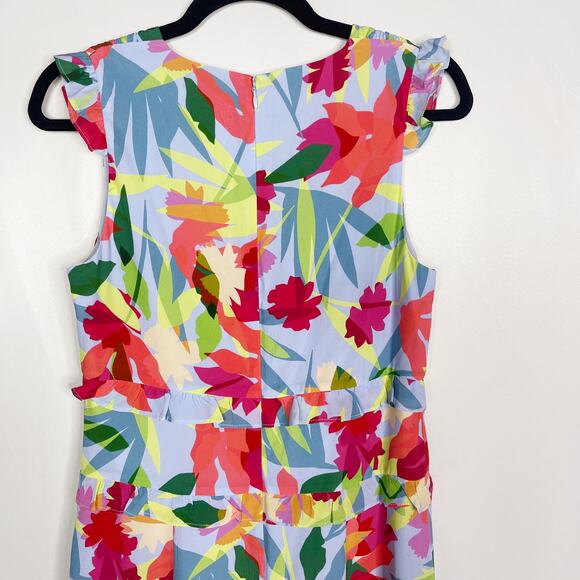 Nicole Miller Small Blue Pink Floral Oasis Silk Ruffle Midi Dress VNeck Cocktail - Picture 7 of 12